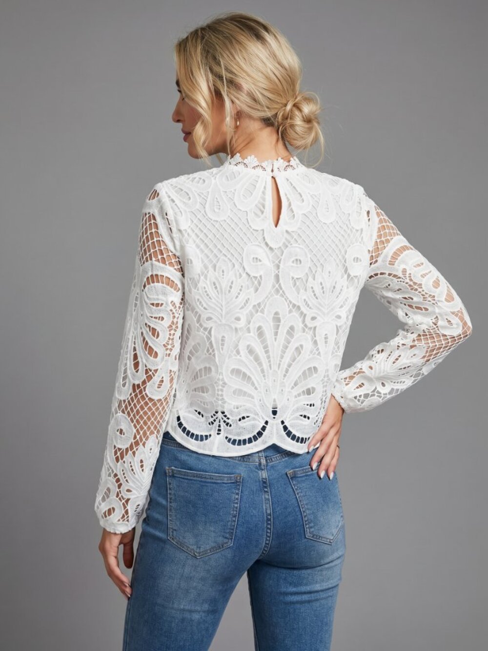 Women Elegant White Lace Crop Top Sheer Long Sleeve Party Blouse Chic - Picture 2 of 5
